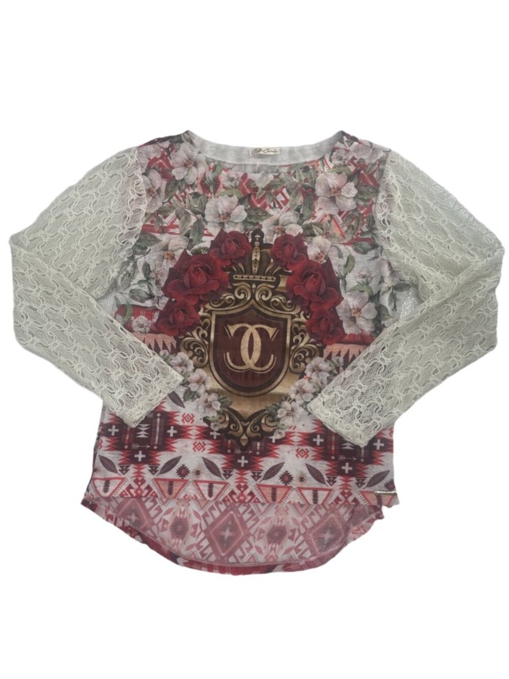 Capim Canela Shirt Women's L Burgundy Floral Southwestern Boho Crochet Sleeve